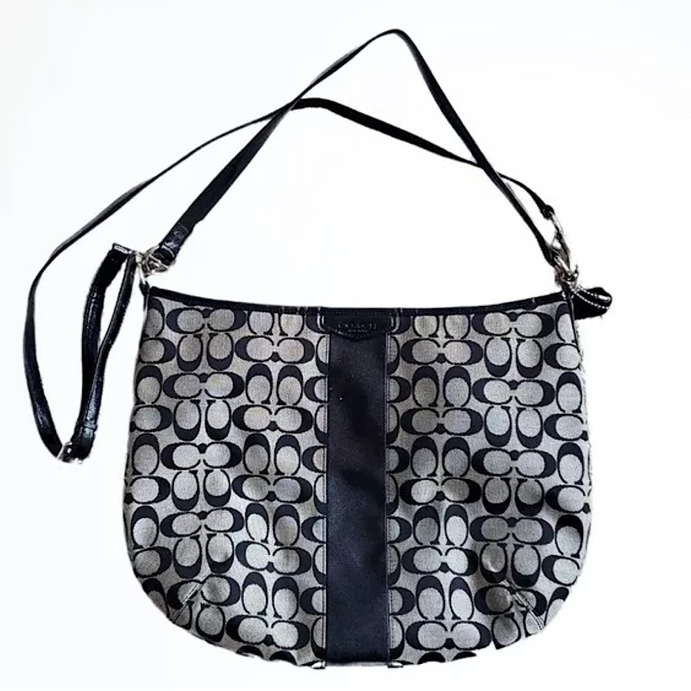 Coach Signature Monogram Handbag in Grey Black Canvas with Shoulder Strap